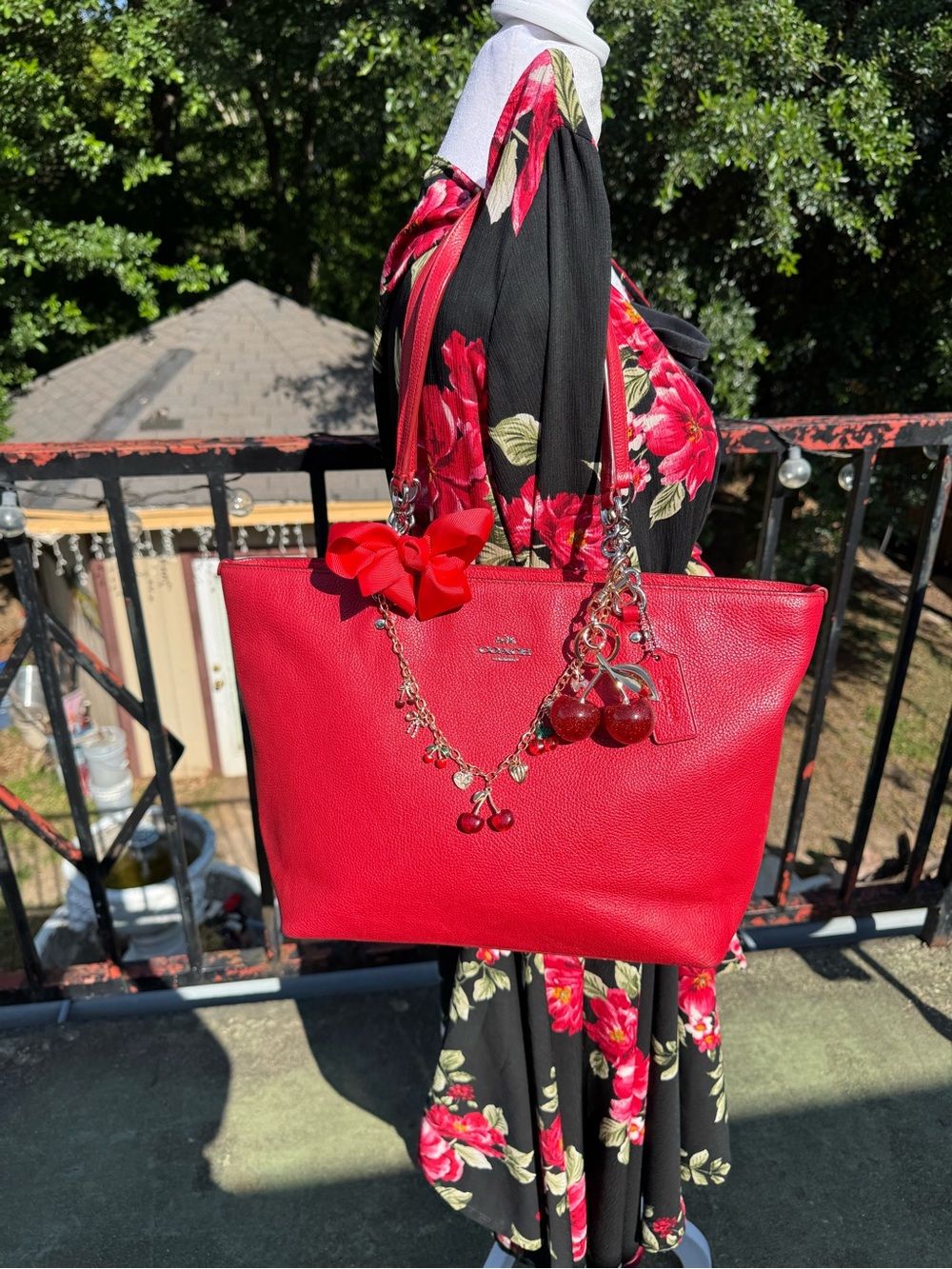 Coach Red Leather Tote with Cherry Charms